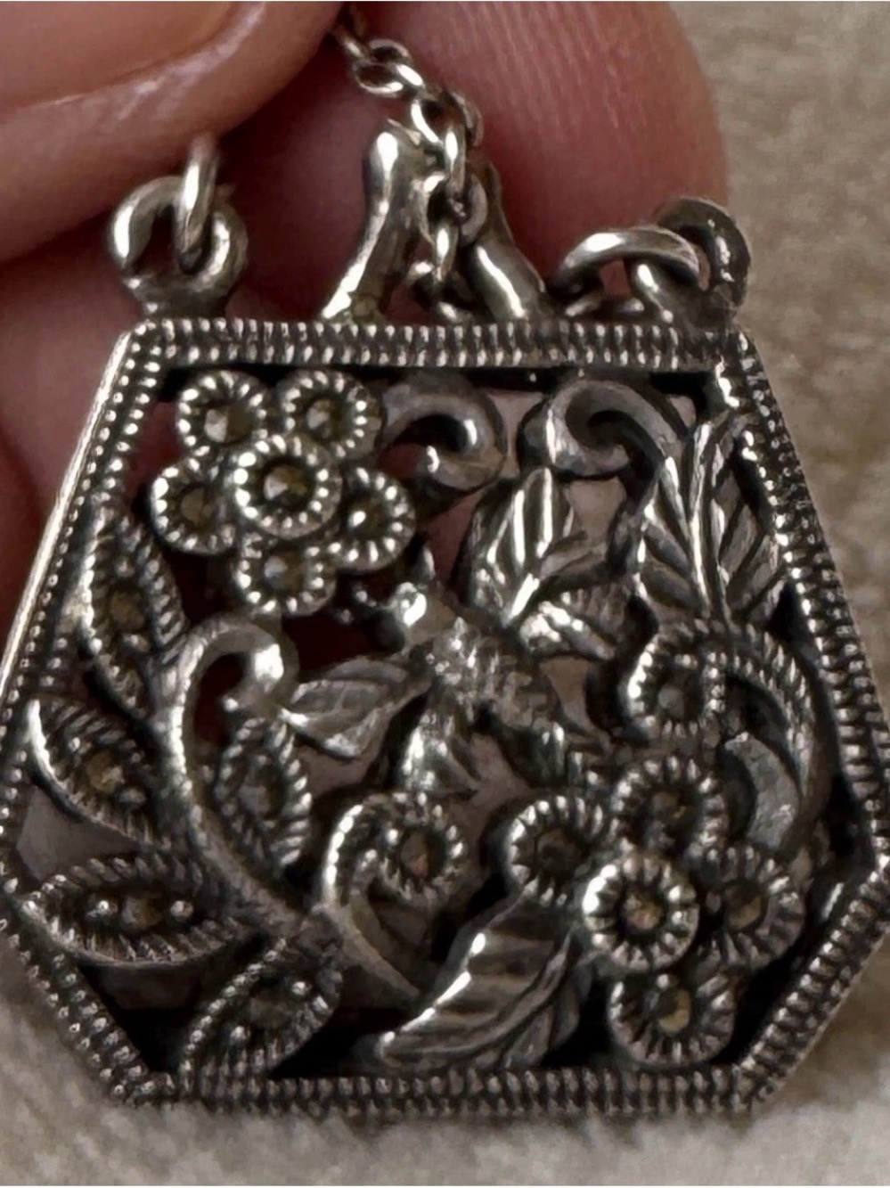 Silver Tone Floral Filigree Locket Necklace Ornate Pendant